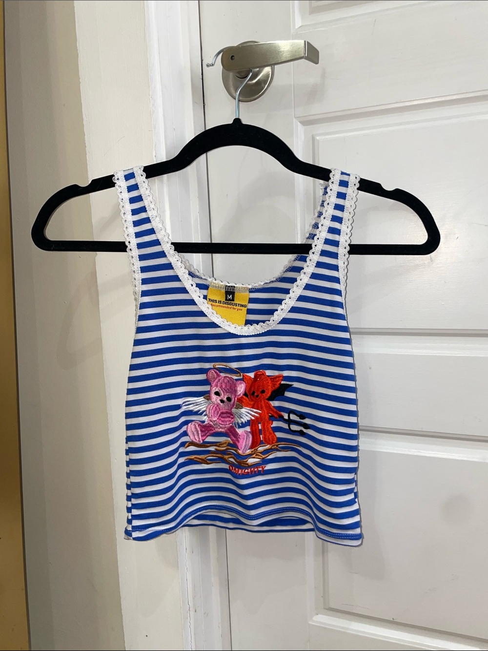 Omighty Striped Blue & White Tank Top with Angel & Devil Bears